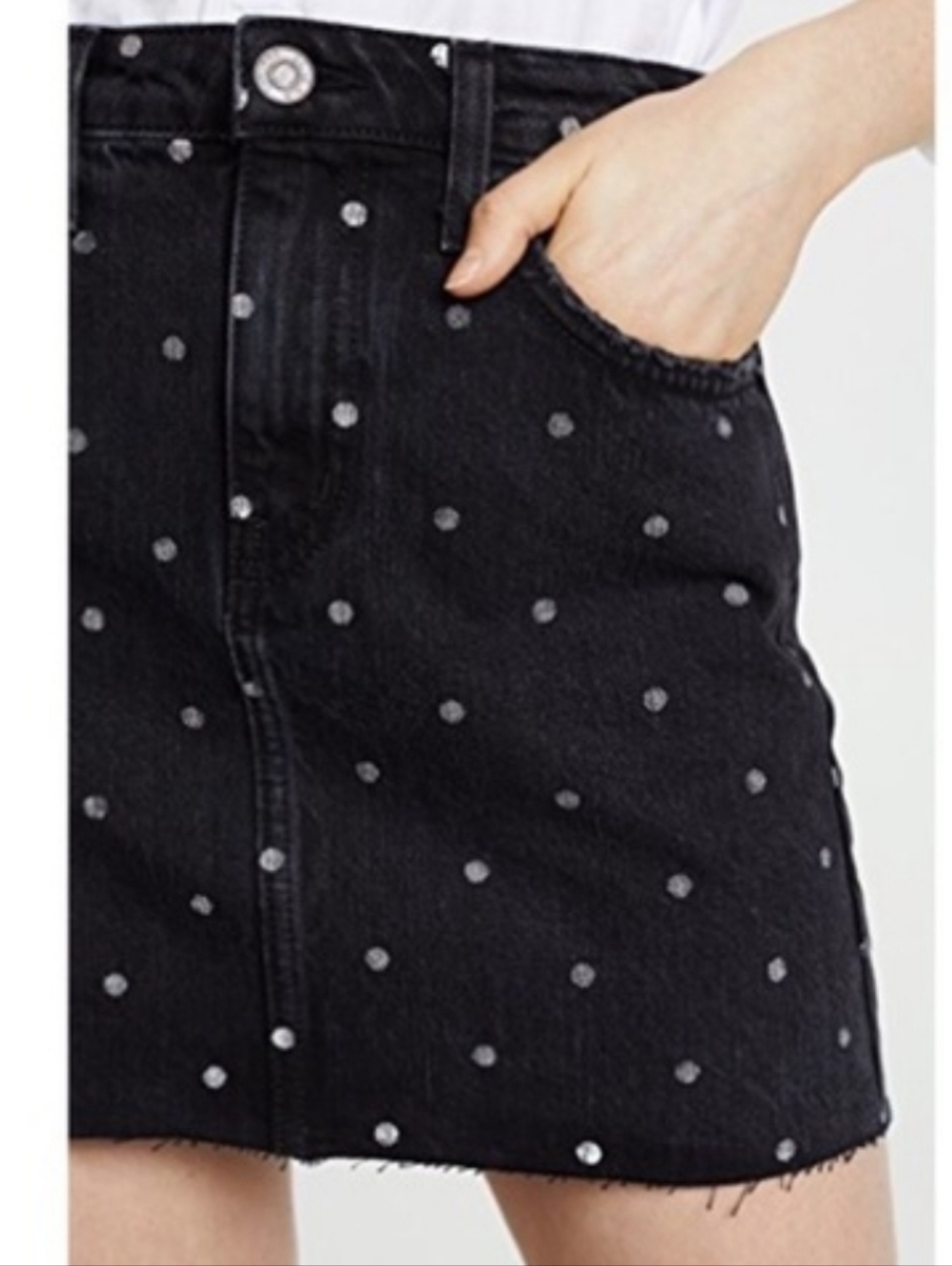 Current/Elliott The Five-Pocket Cutoff Black Denim Polka Dot Mini Skirt - Picture 9 of 9